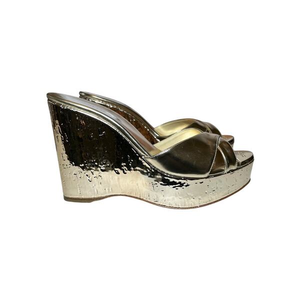Jimmy Choo Perfume Gold Metallic Leather Wedge Heels Slides Mules Sandals 39 - Picture 1 of 8